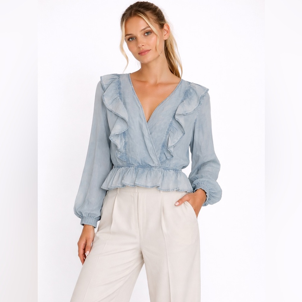 ALEXIS ROE Dusty Blue Tencel Ruffle Wrap Blouse Large Soft Feminine